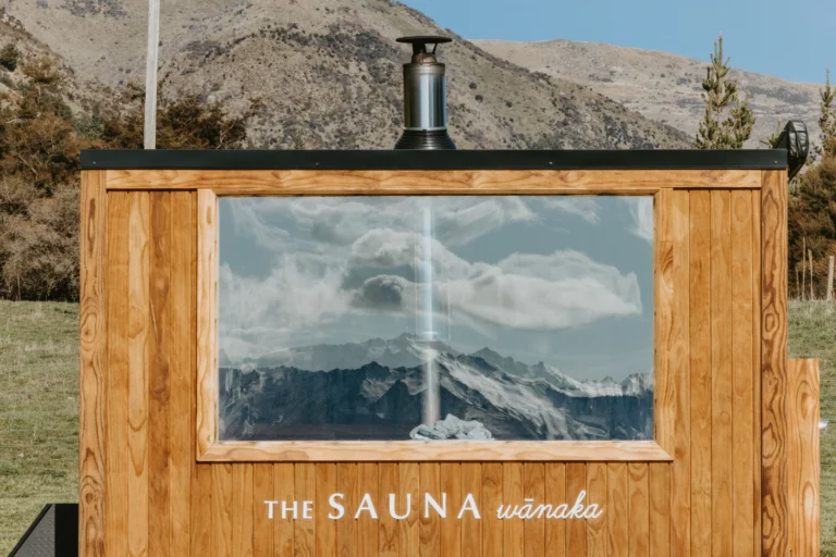 Mobile sauna with mountain views at a Fire, Ice & Breath event